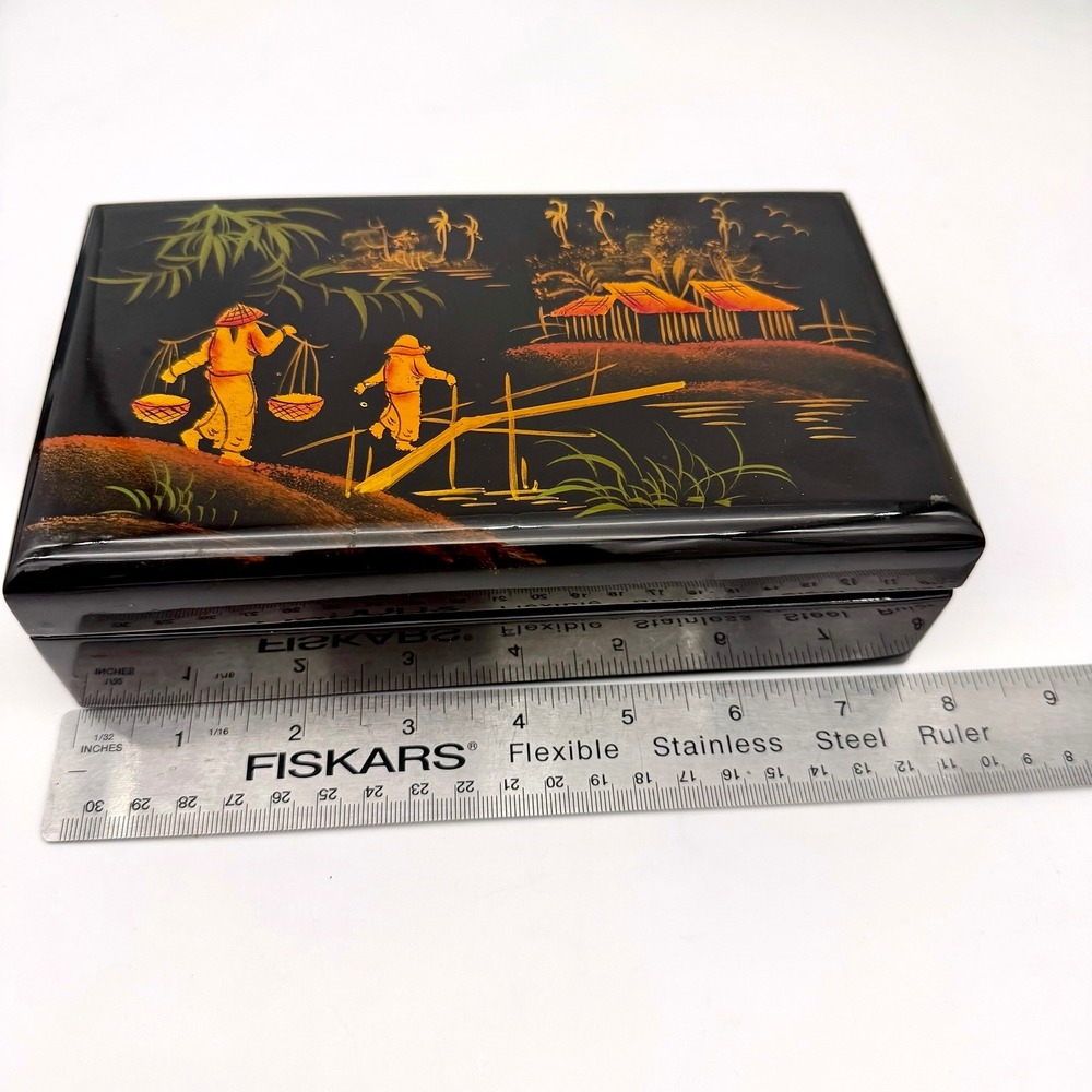 Vintage Asian Black Lacquer Jewelry Box Hand Painted Red Velvet Mirror 7.5" - Picture 10 of 13